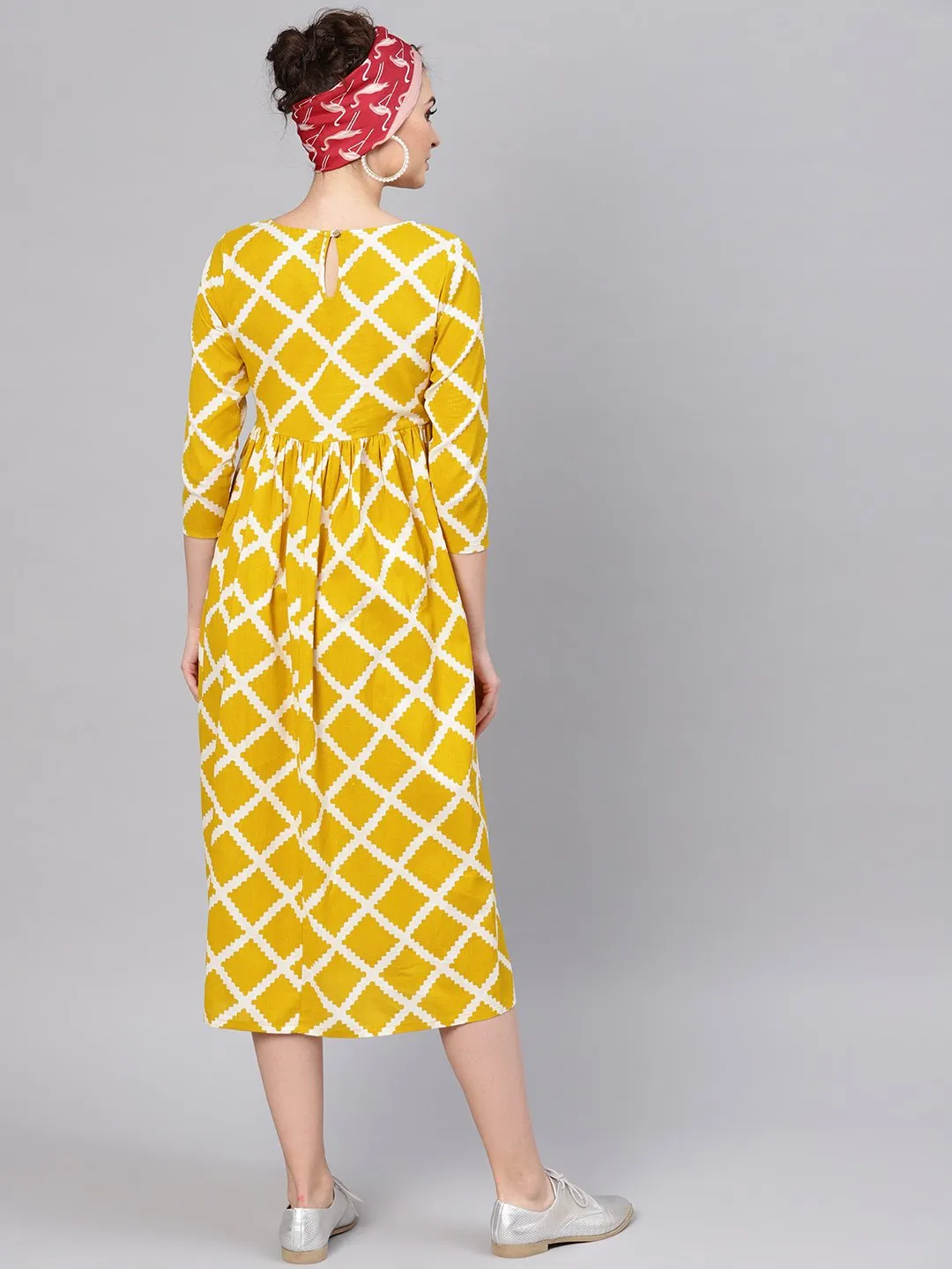 Mustard Diamond Print Gathered Dress