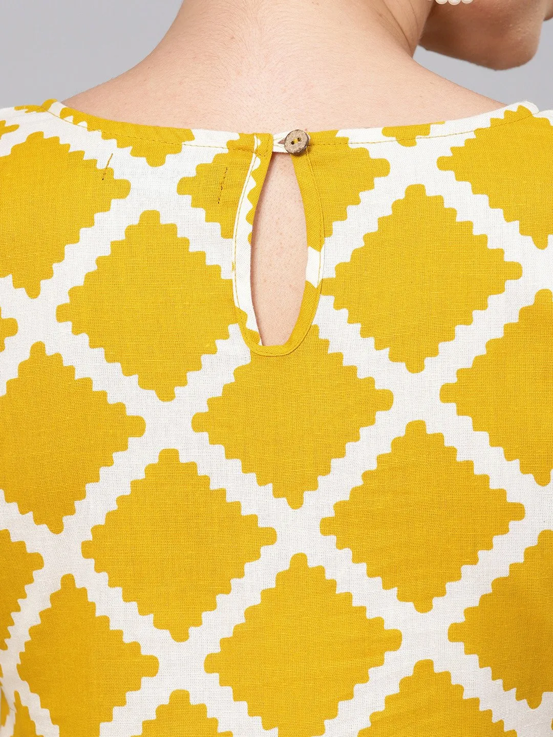 Mustard Diamond Print Gathered Dress