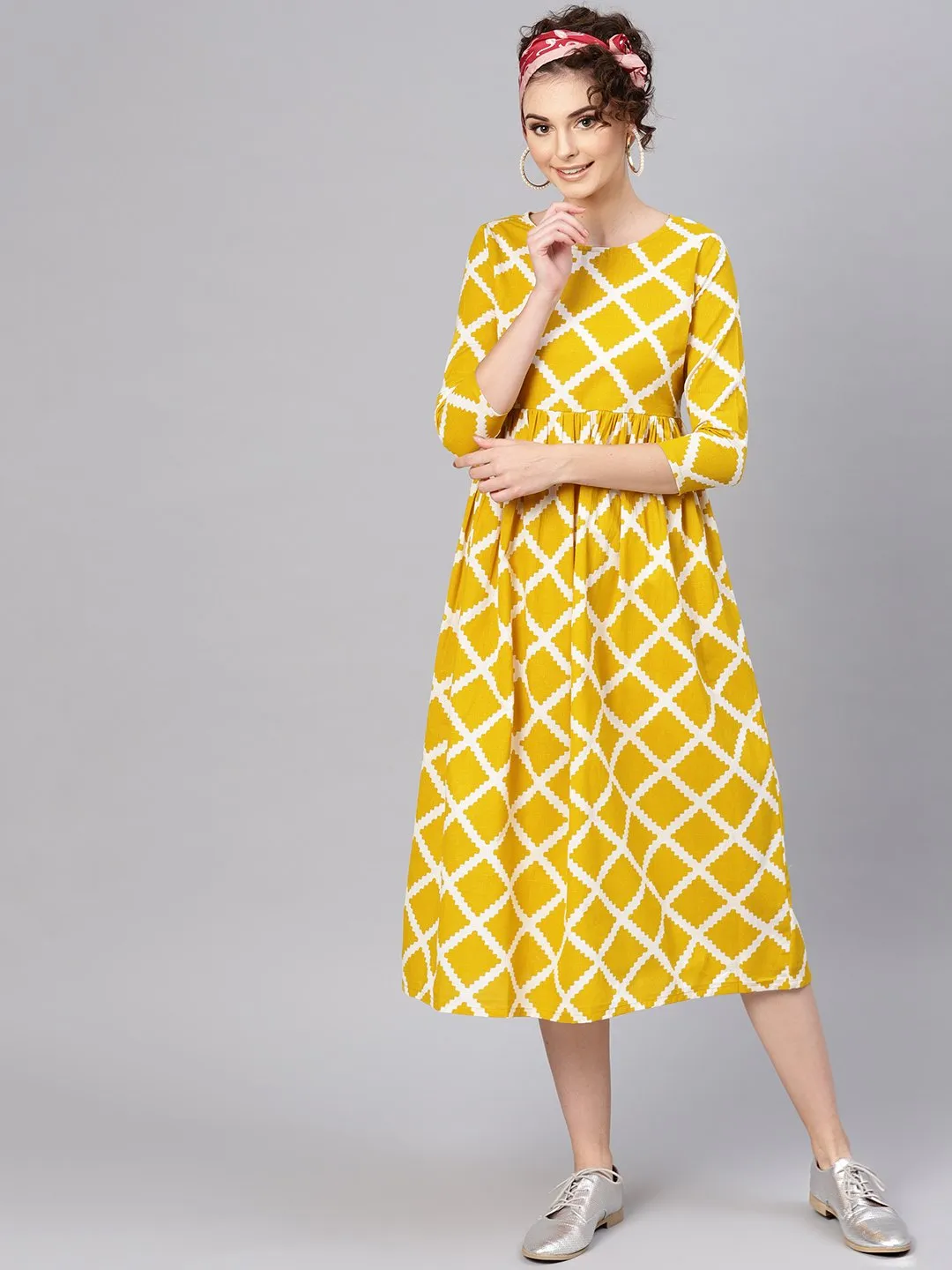 Mustard Diamond Print Gathered Dress