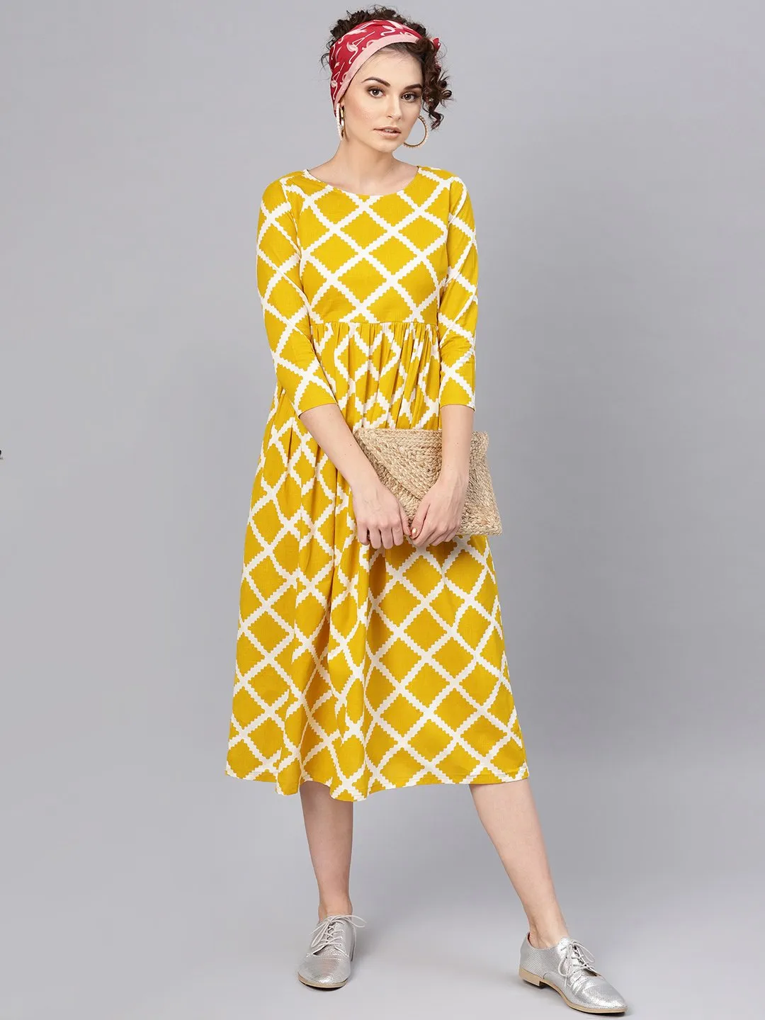 Mustard Diamond Print Gathered Dress