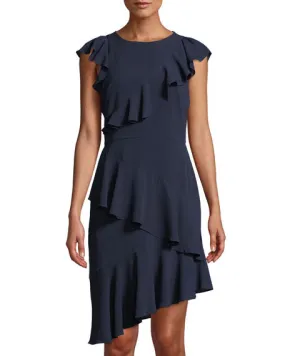 Navy Asymmetrical Ruffle Dress