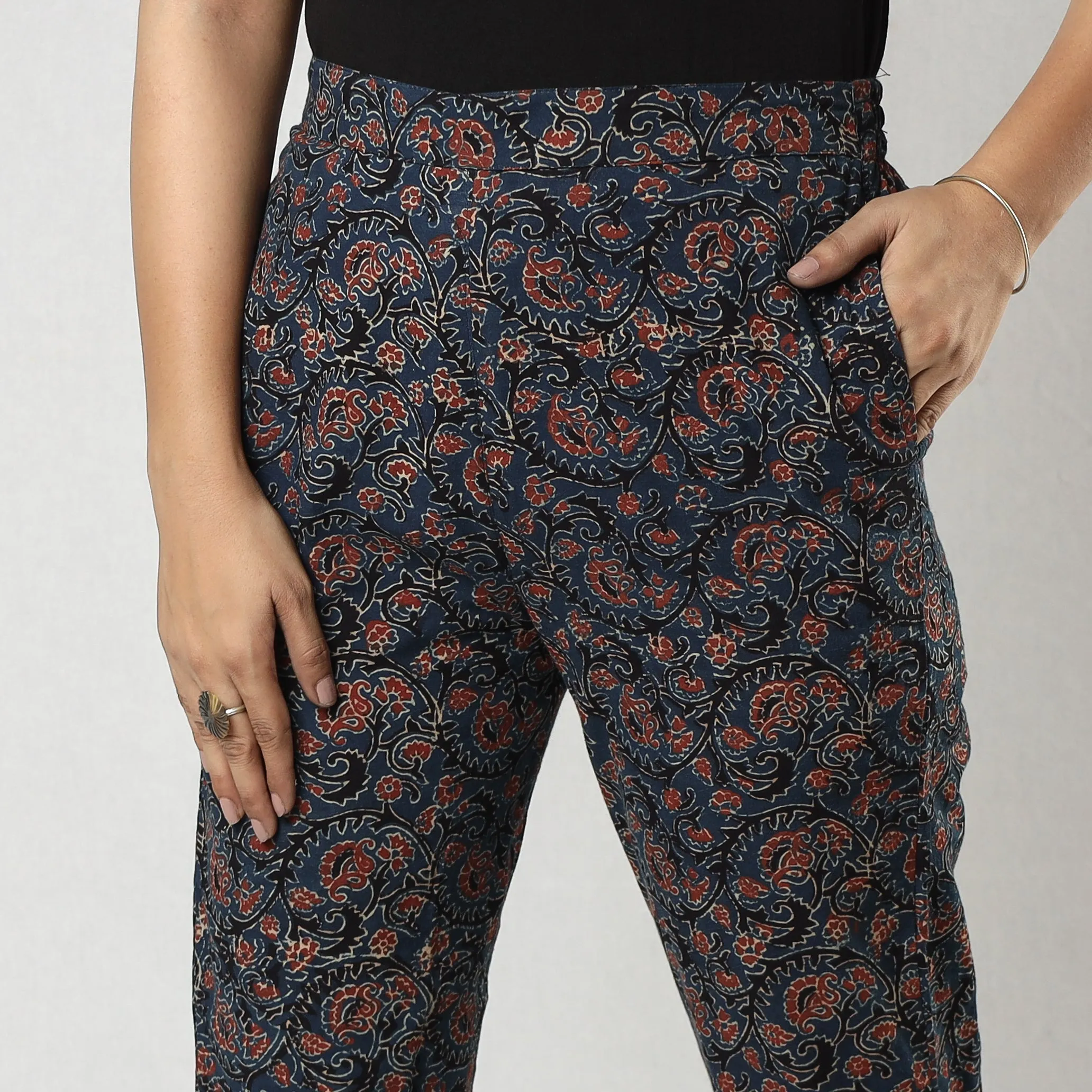 Navy Blue Ajrakh Block Printing Cotton Tapered Casual Pant for Women