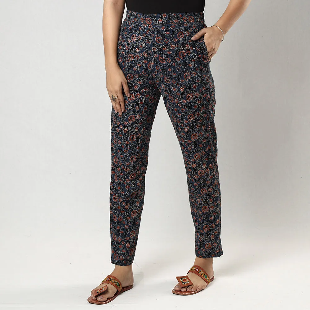 Navy Blue Ajrakh Block Printing Cotton Tapered Casual Pant for Women