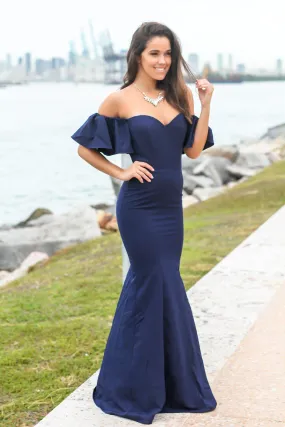 Navy Off Shoulder Maxi Dress with Ruffles