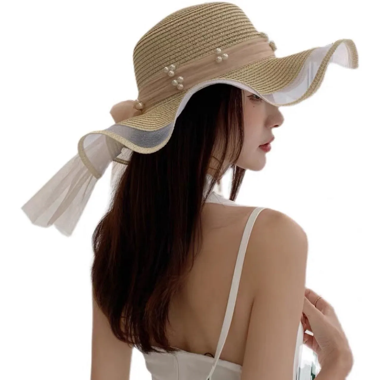 New Korean Style Woman Straw Gauze Joint Bow Ribbon Large Brim Sunshade Ins Celebrity Outing Fashion Beach Holiday Glacier Hat