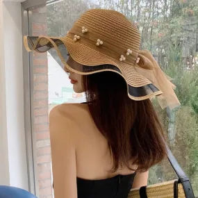 New Korean Style Woman Straw Gauze Joint Bow Ribbon Large Brim Sunshade Ins Celebrity Outing Fashion Beach Holiday Glacier Hat