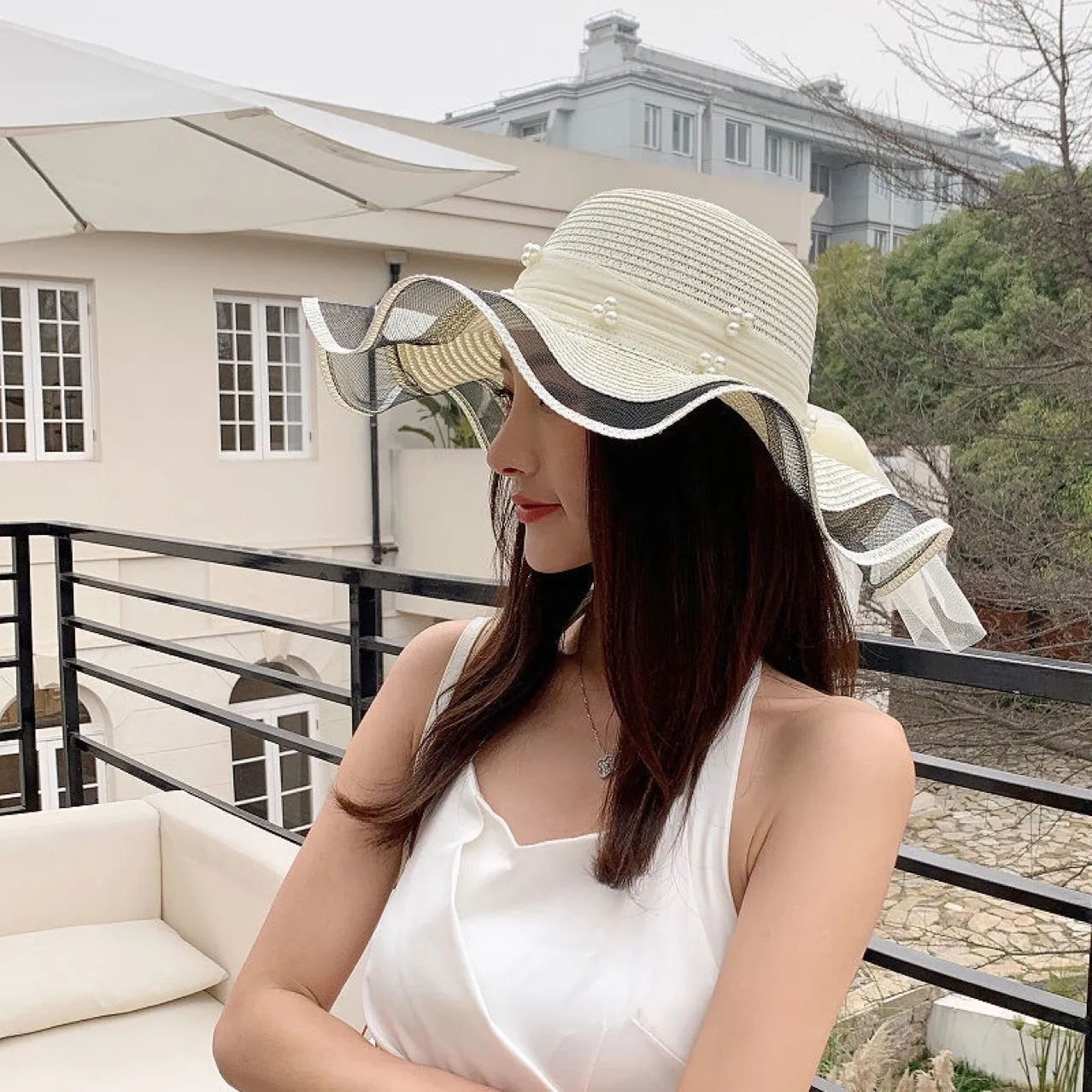 New Korean Style Woman Straw Gauze Joint Bow Ribbon Large Brim Sunshade Ins Celebrity Outing Fashion Beach Holiday Glacier Hat