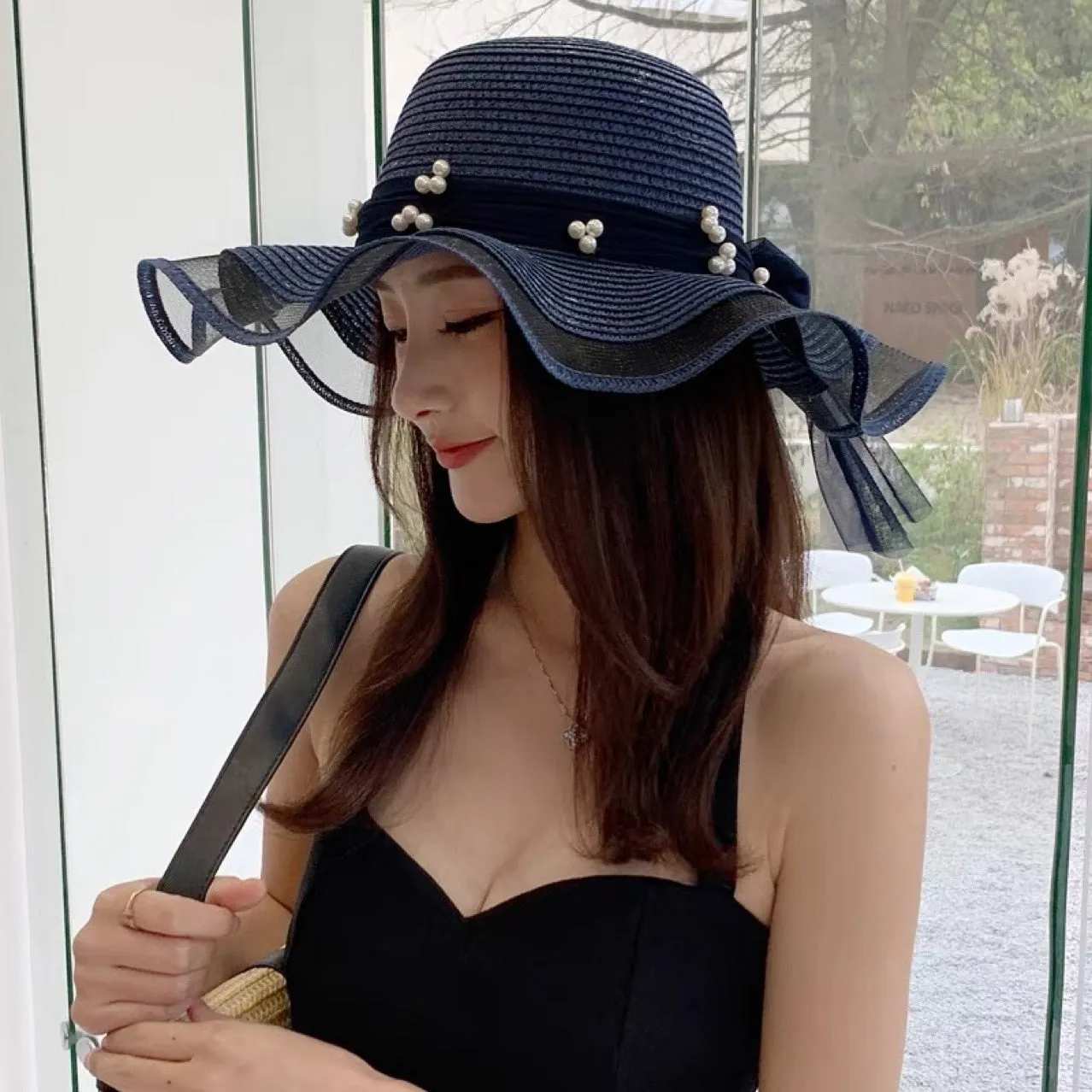 New Korean Style Woman Straw Gauze Joint Bow Ribbon Large Brim Sunshade Ins Celebrity Outing Fashion Beach Holiday Glacier Hat