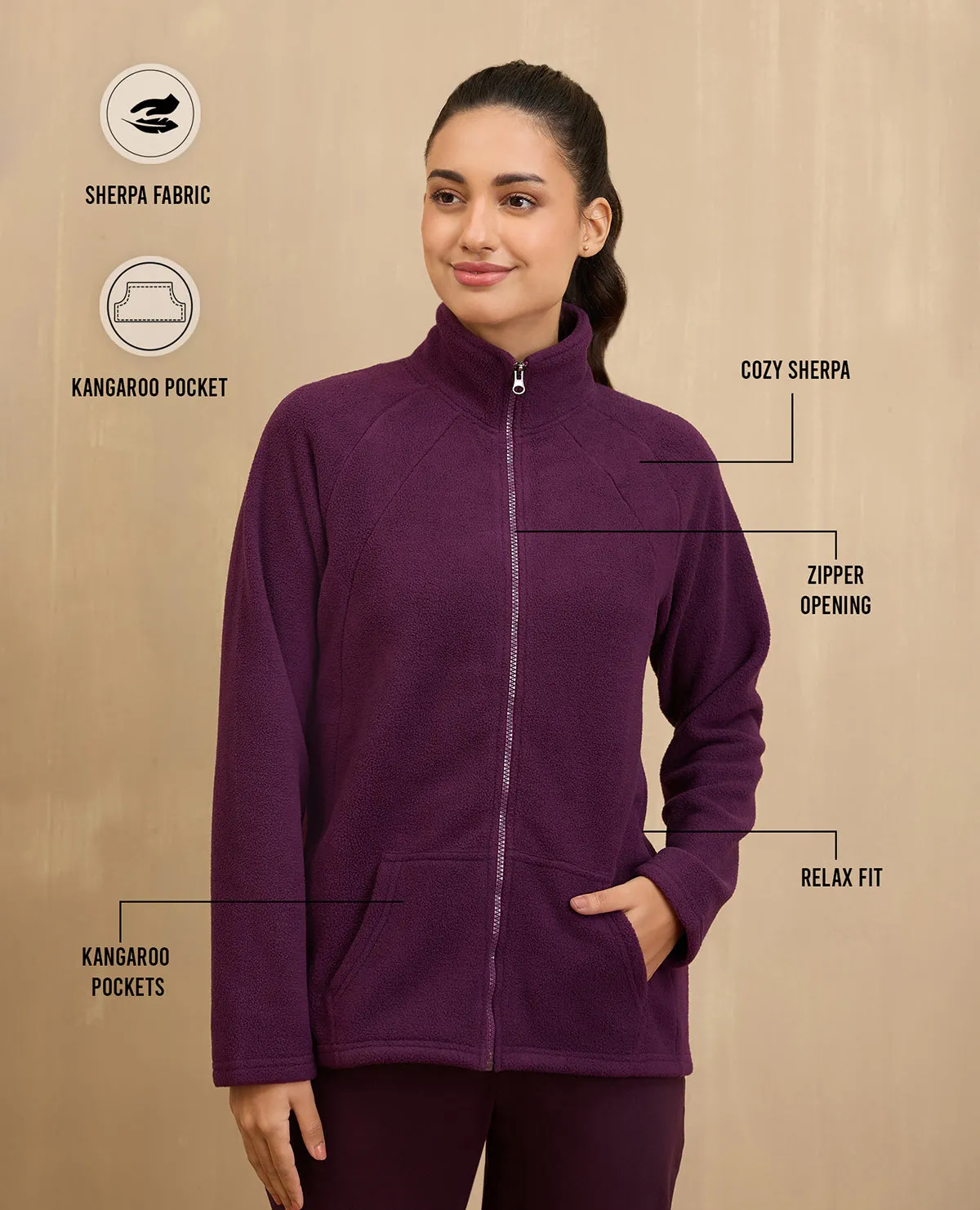 NYKD By Nykaa Cozy Sherpa Front open Jacket-NYLE701-Grape