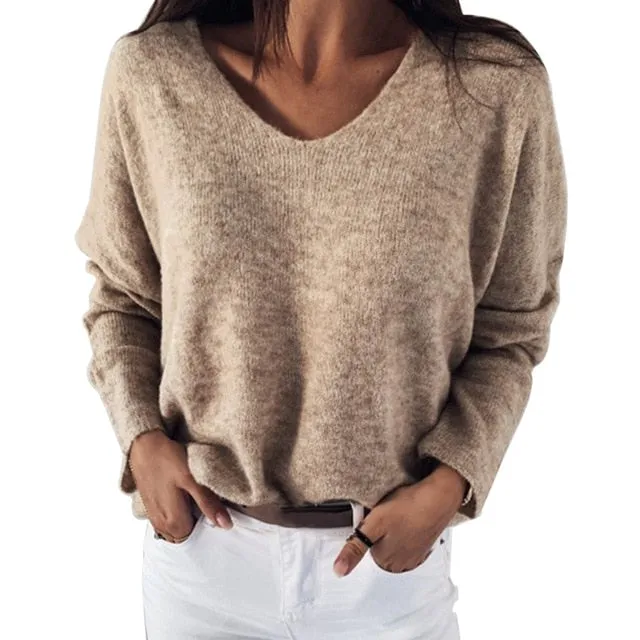 OEAK 2XL Sexy Hollow Out V-neck Knitted Sweater Women Autumn Long Sleeve Candy Basic Top Loose Ladies Sweaters and Pullovers