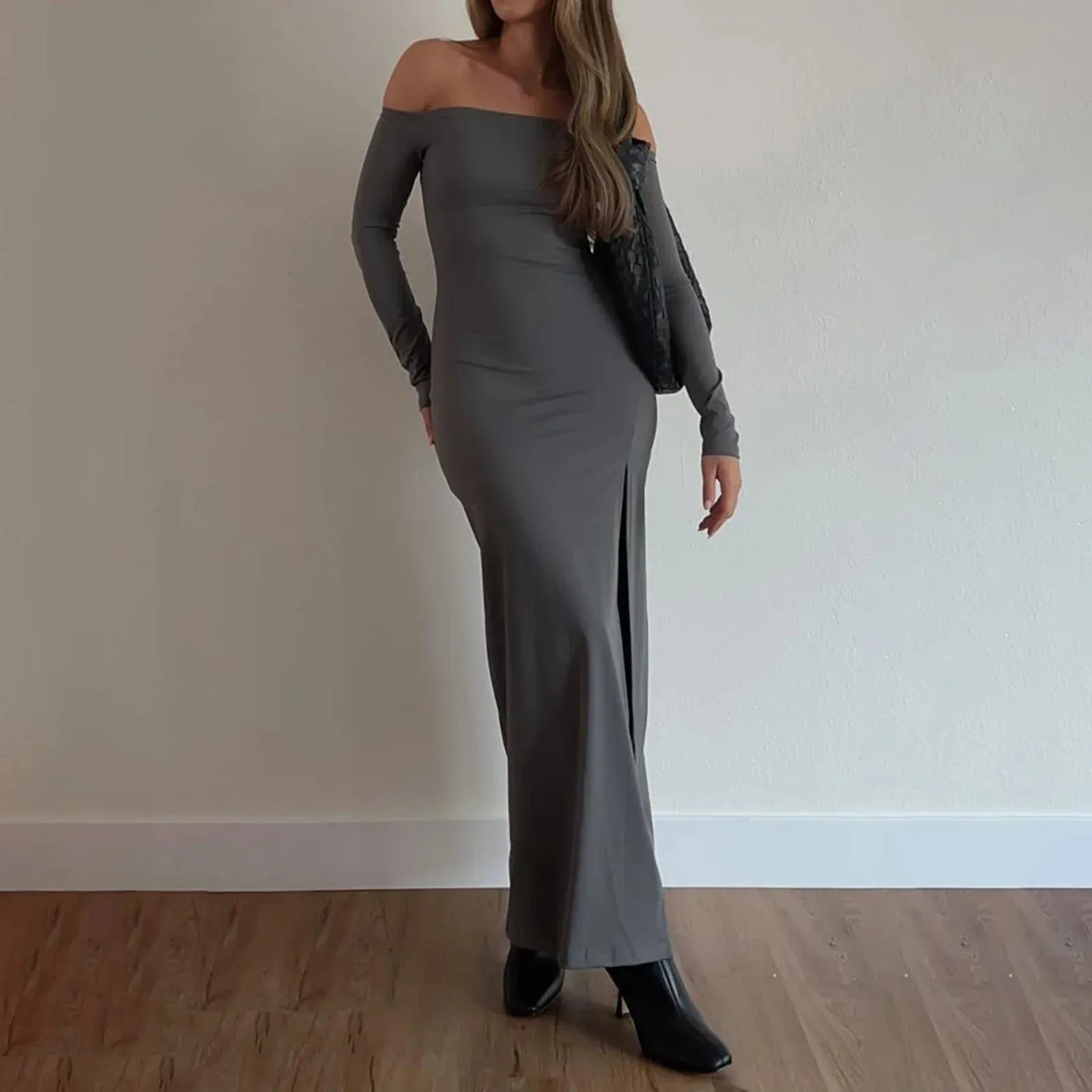 Off-Shoulder Solid Long Sleeve Backless High Slim Bodycon Cocktail Party Maxi Elegant Dress