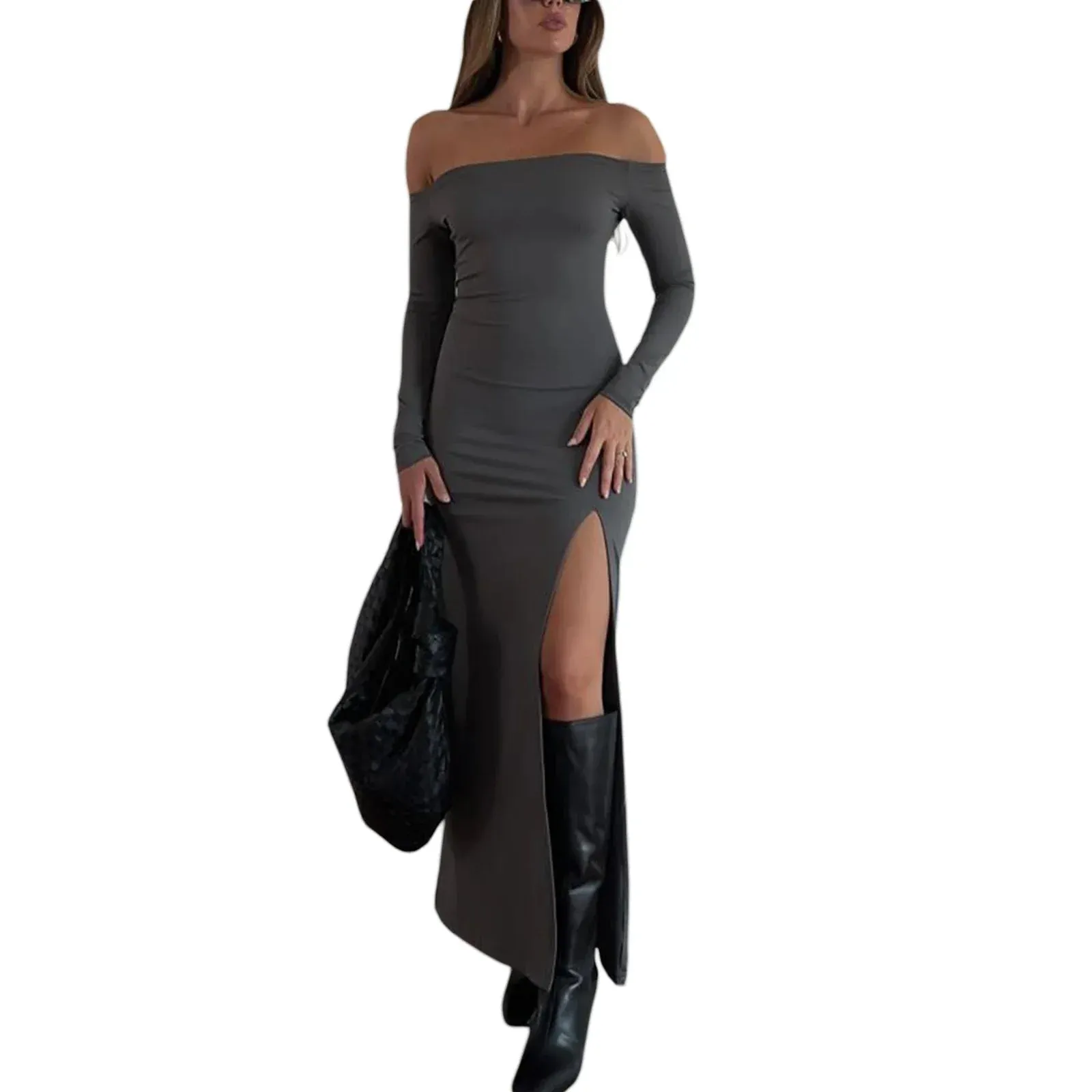 Off-Shoulder Solid Long Sleeve Backless High Slim Bodycon Cocktail Party Maxi Elegant Dress