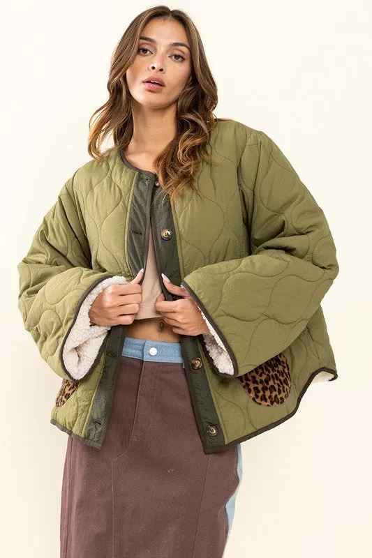 Olive Contrast Wave Textured Jacket