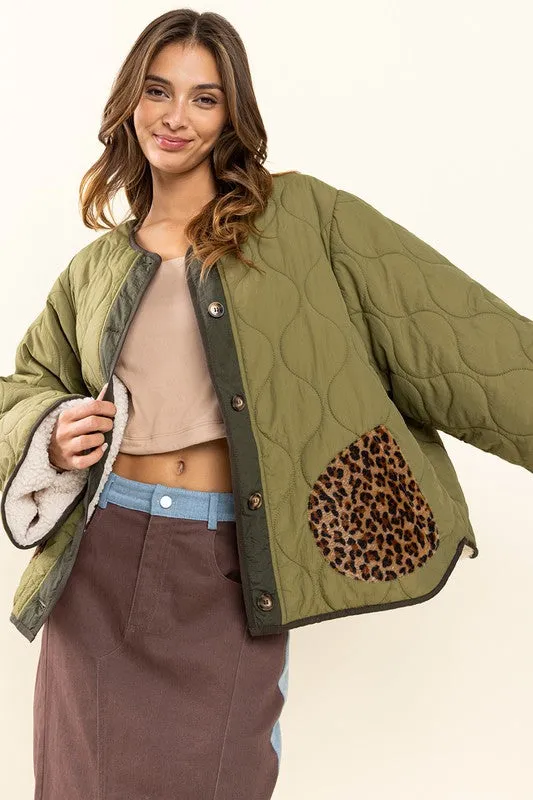 Olive Contrast Wave Textured Jacket