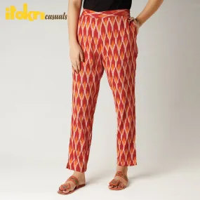 Orange - iTokri Casuals - Pochampally Ikat Cotton Tapered Casual Pant for Women