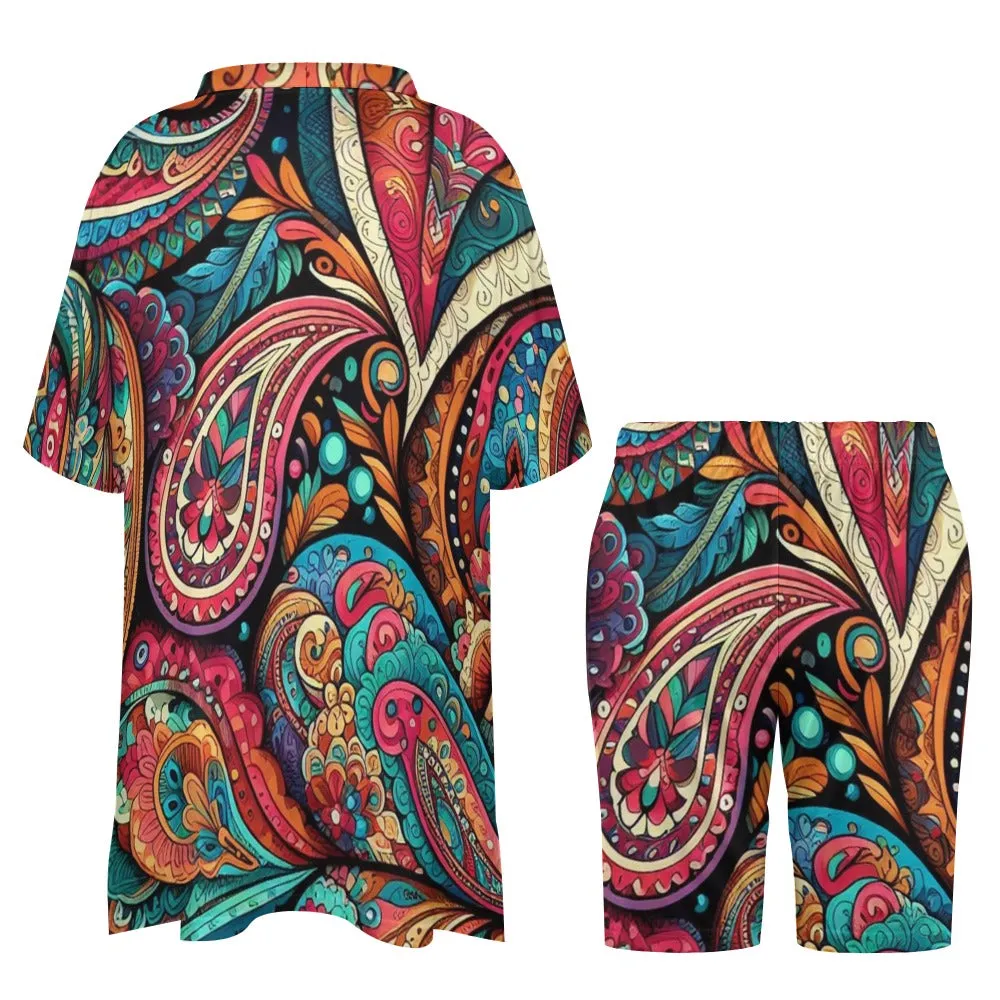 Paisley V-Neck Bat Sleeve Two Piece Short Outfit Set