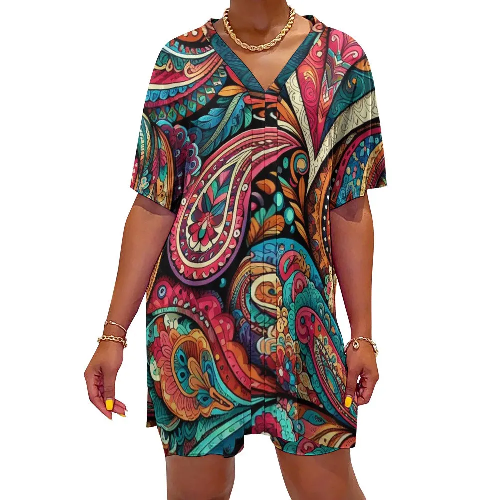 Paisley V-Neck Bat Sleeve Two Piece Short Outfit Set