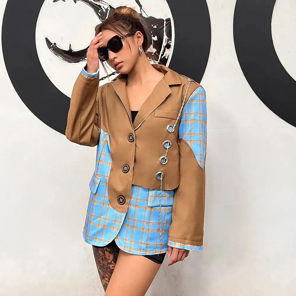 Patchwork Chain Blazer For Women Notched Long Sleeve Plaid Colorblock Loose Blazers Female Autumn Fashion Clothing