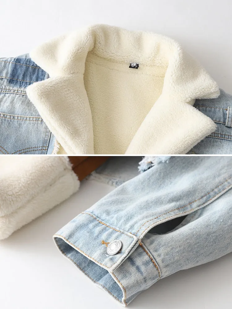 Patchwork Denim LambsWool Jacket For Women Lapel Long Sleeve Single Button Coats Female Winter Clothing Fashion