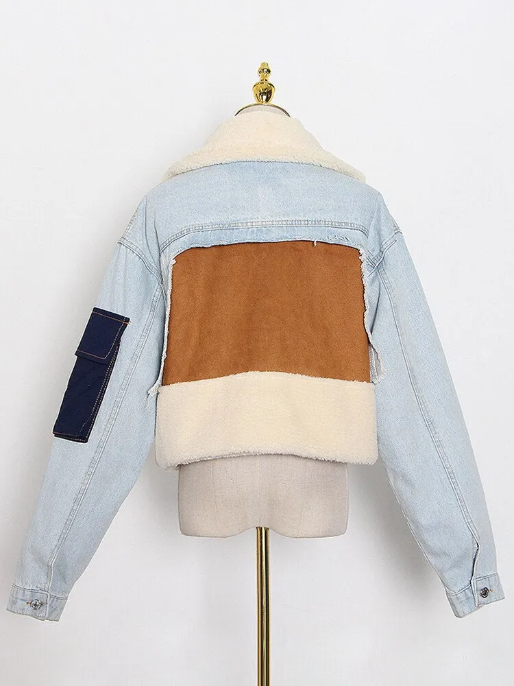 Patchwork Denim LambsWool Jacket For Women Lapel Long Sleeve Single Button Coats Female Winter Clothing Fashion