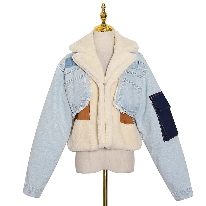 Patchwork Denim LambsWool Jacket For Women Lapel Long Sleeve Single Button Coats Female Winter Clothing Fashion