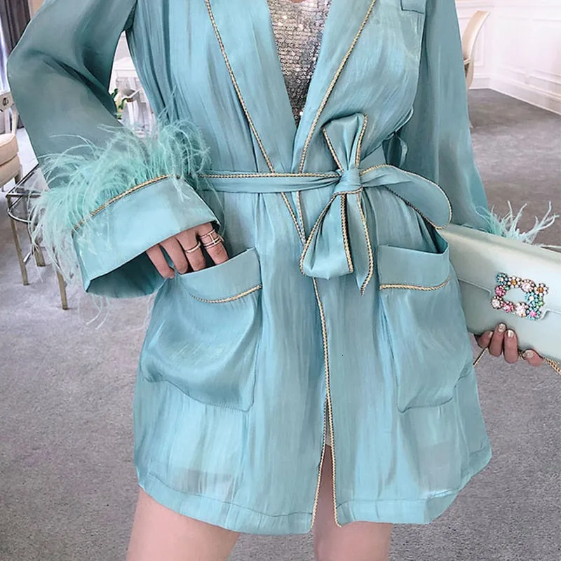 Patchwork Feather Coat Female Long Sleeve With Sash Lace Up Waisted Women's Jacket 2020 Autumn Fashion Clothing