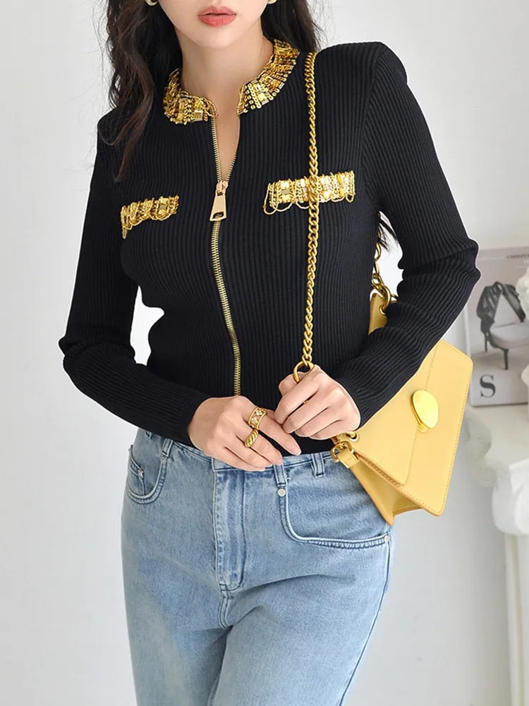 Patchwork Zipper Kintting Coats For Women Round Neck Long Sleeve Spliced Diamond Slimming Tops Female Fashion