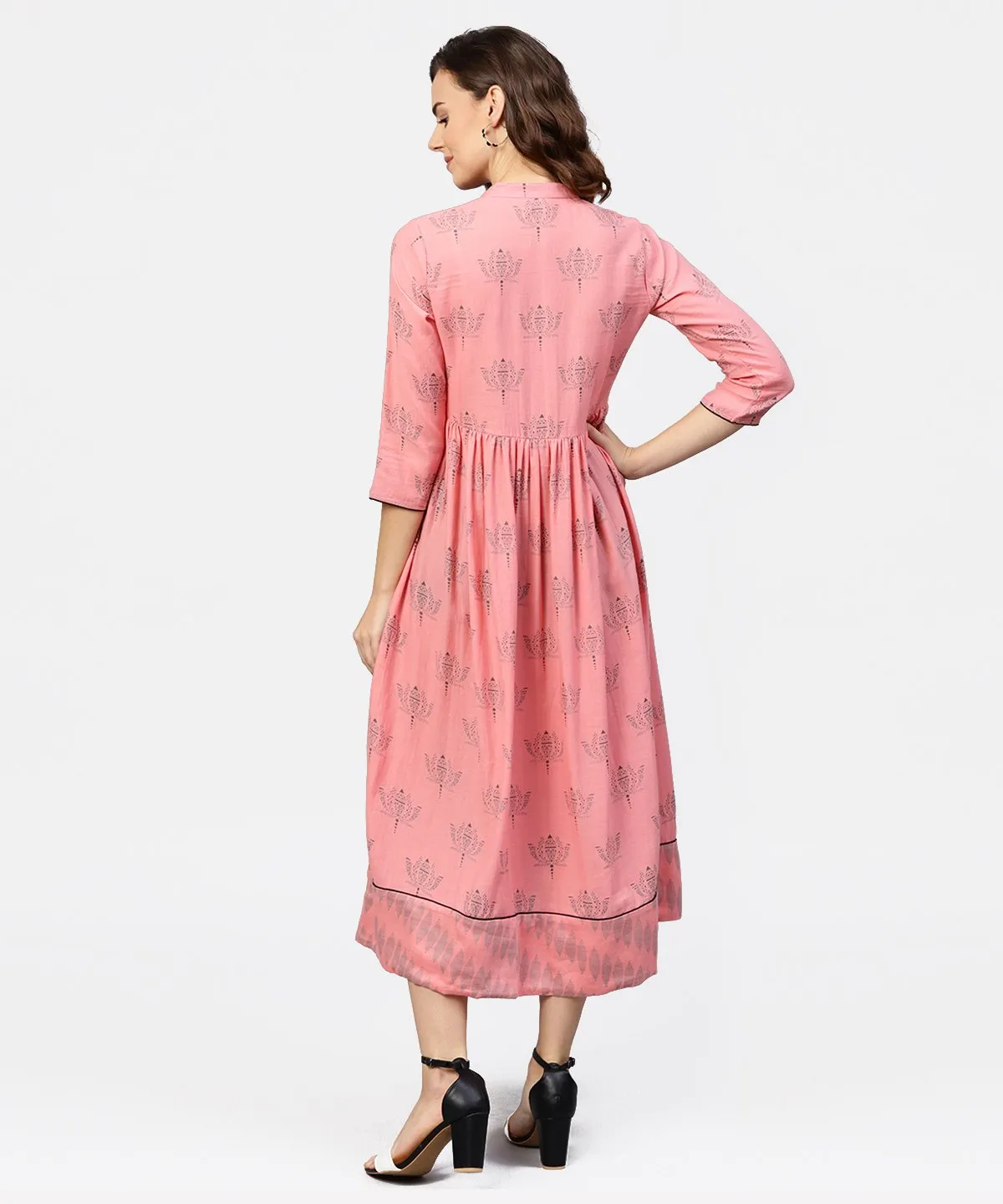 Peach Printed Chinese Collared Front Open Placket Till Yoke With 3/4Th Sleeves Maxi Dress