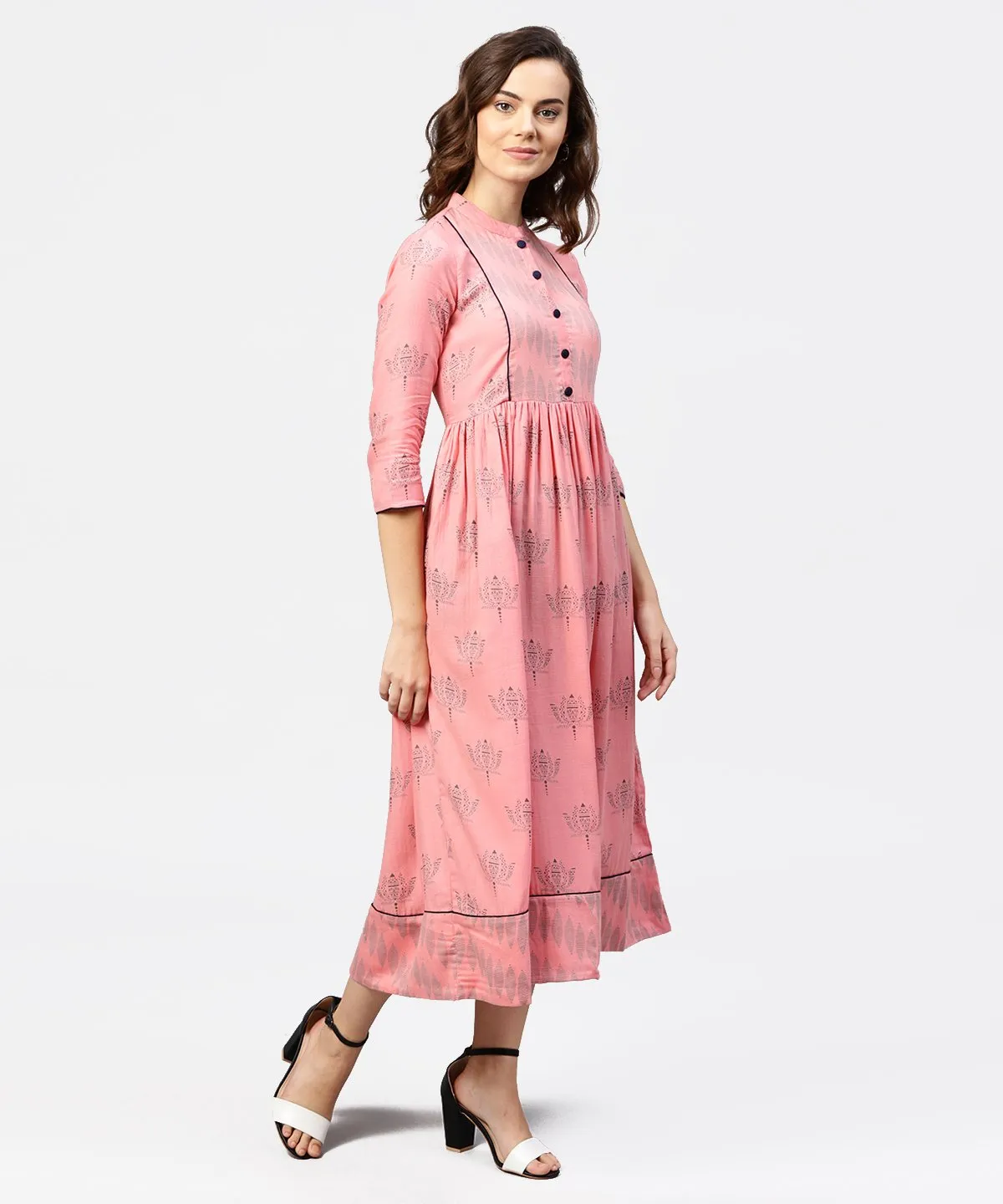 Peach Printed Chinese Collared Front Open Placket Till Yoke With 3/4Th Sleeves Maxi Dress