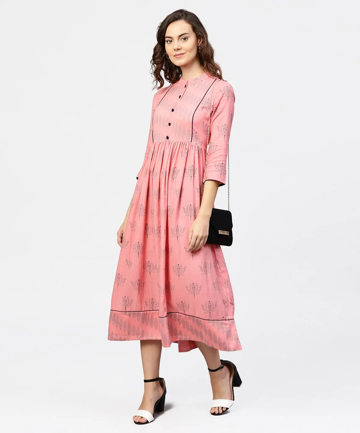 Peach Printed Chinese Collared Front Open Placket Till Yoke With 3/4Th Sleeves Maxi Dress