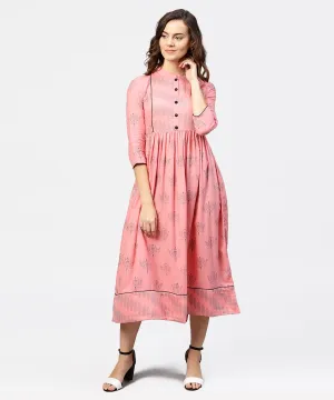 Peach Printed Chinese Collared Front Open Placket Till Yoke With 3/4Th Sleeves Maxi Dress