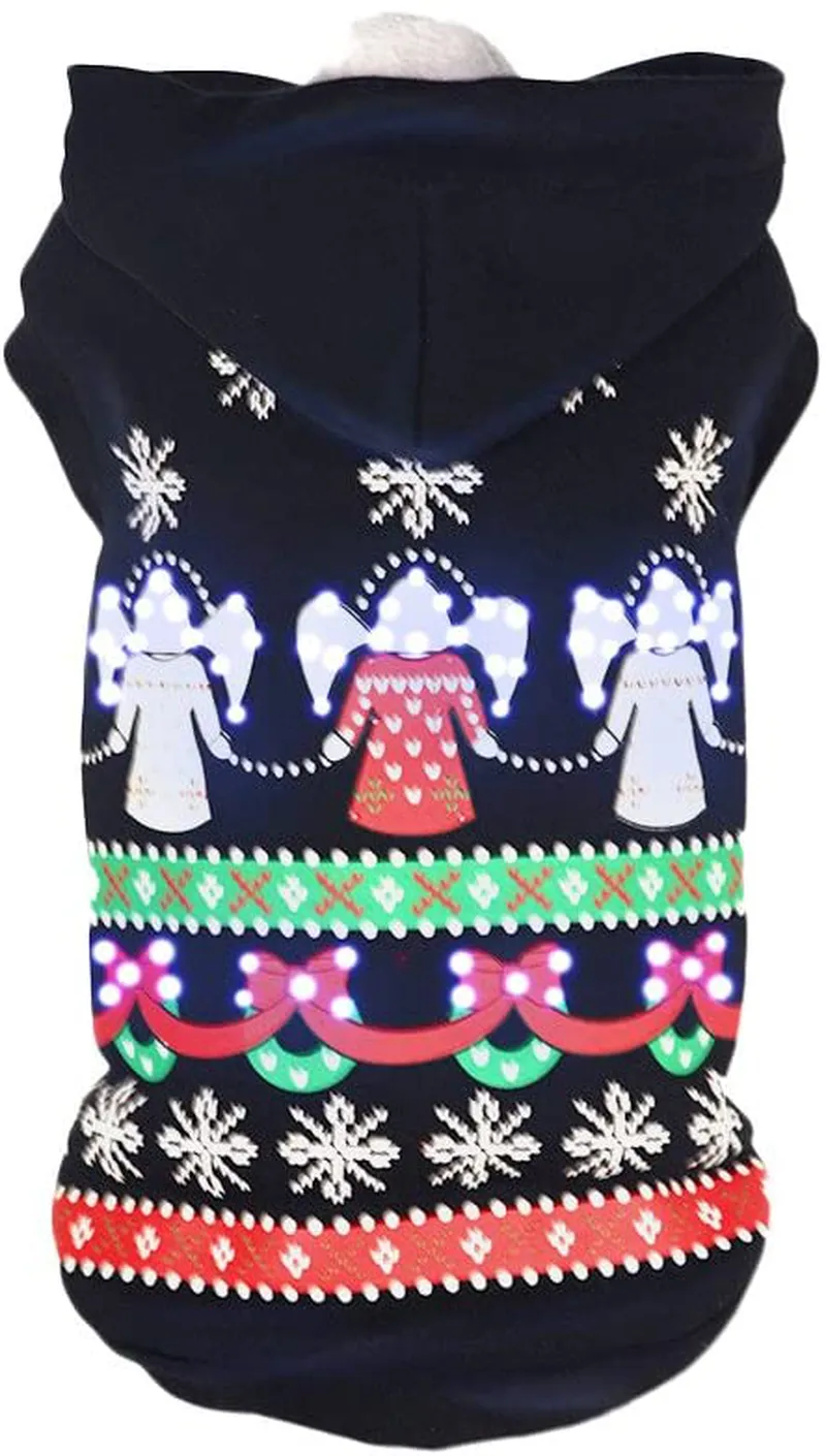 PET LIFE 'Festive Holidays' LED Lighting Fashion Designer Holiday Pet Dog Costume Sweater Hoodie w/ Included Batteries, Small, Black