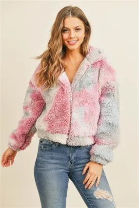 Pink and Gray Tie Dye Sherpa Jacket