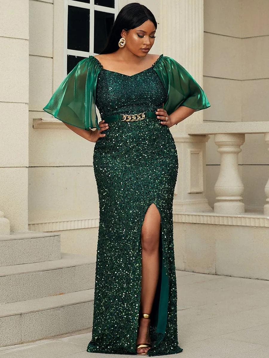 Plus Size Mesh Sleeve Sequin Emerald Green Mermaid Formal Dress PXL007