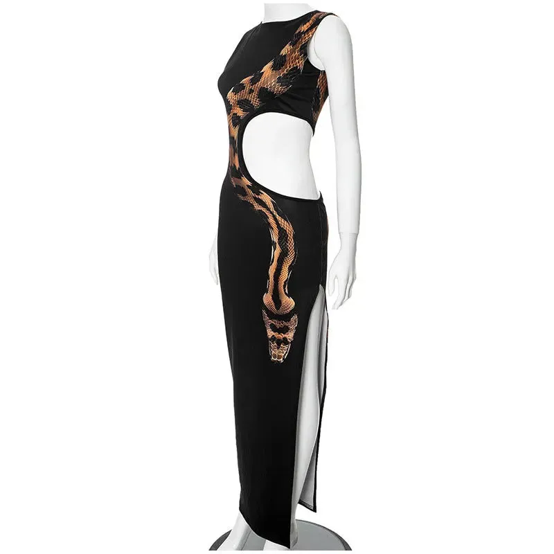 Pre Order:  Waist Hollow Python Print Slim Fit Split Maxi Dress