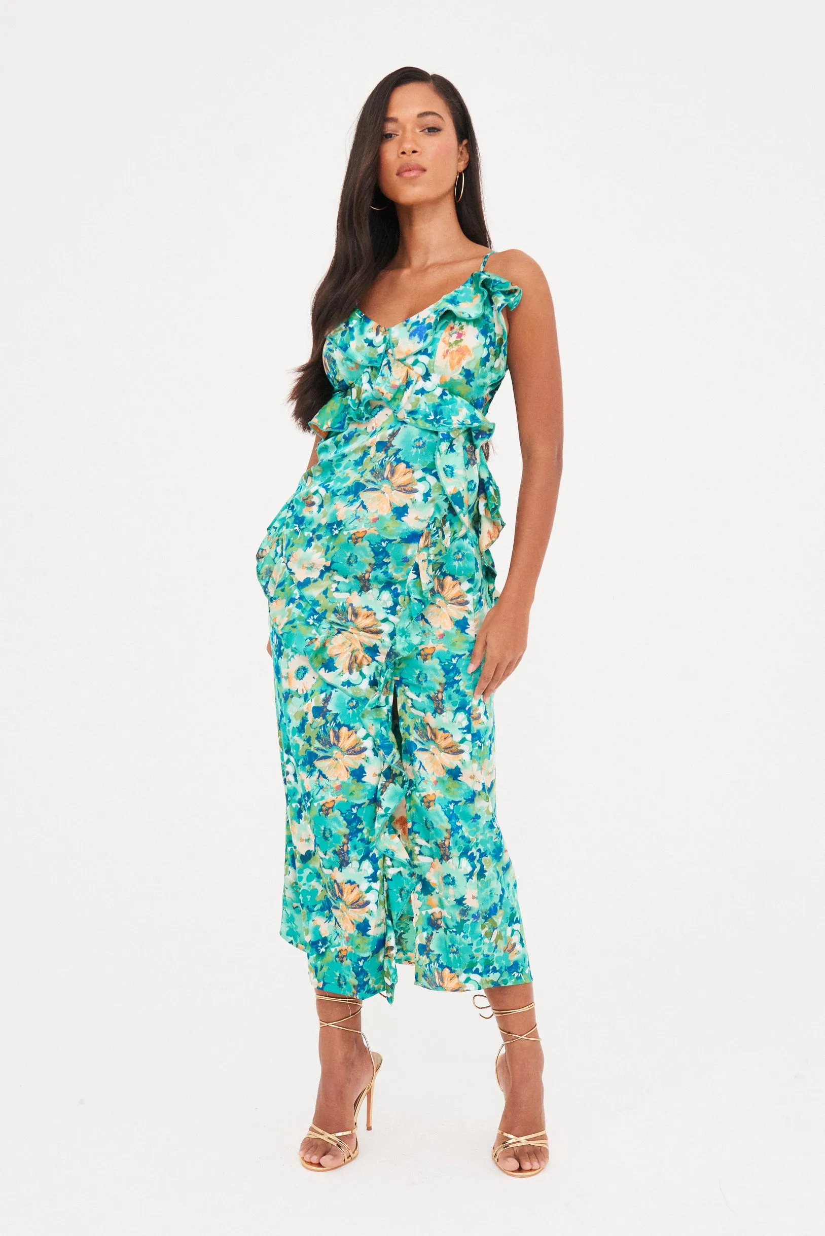 PRINTED RUFFLE CUT OUT MAXI DRESS