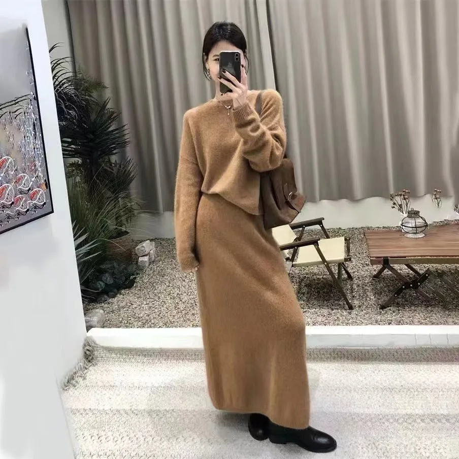 Purpdrank black sweater dress outfit French Style Elegant round Neck Knitted Suit Women's Autumn and Winter Lazy Sweater Dress Two-Piece Set