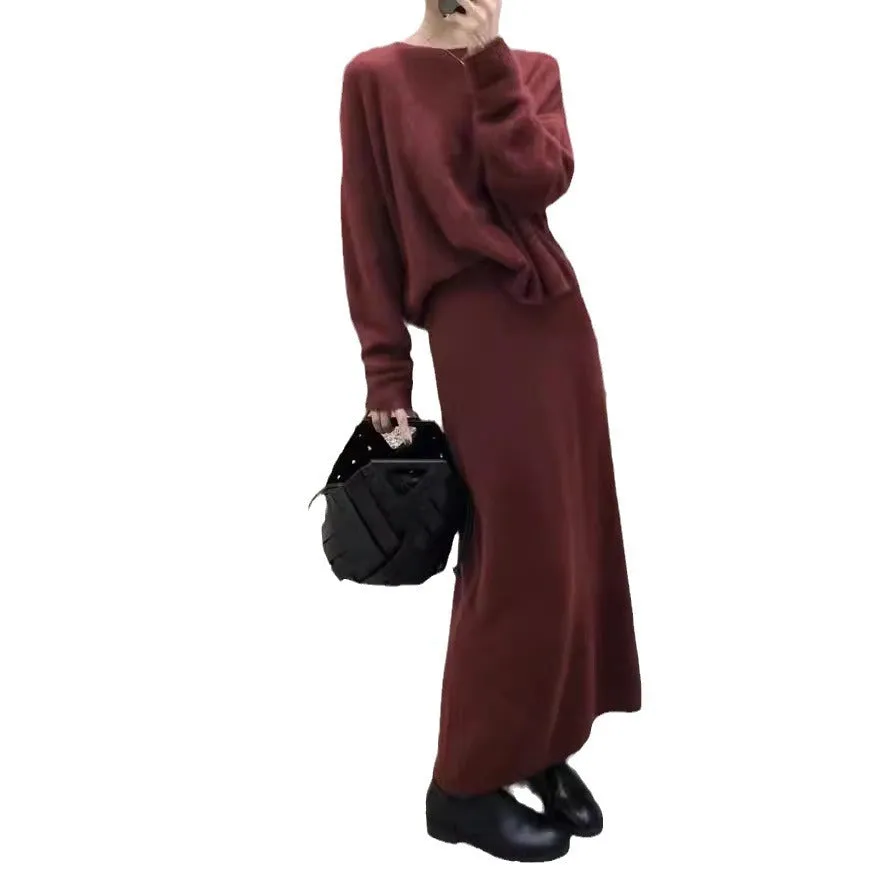 Purpdrank black sweater dress outfit French Style Elegant round Neck Knitted Suit Women's Autumn and Winter Lazy Sweater Dress Two-Piece Set