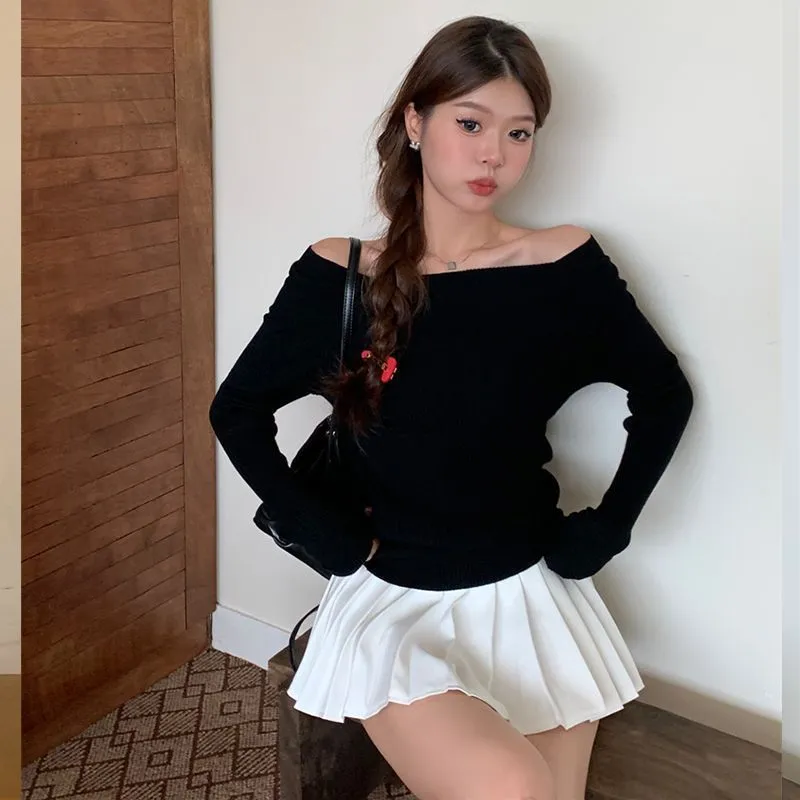 Purpdrank long sweater dress outfit Gentle Style off-Shoulder Long Sleeve Sweater Women's Autumn and Winter High Waist Slim Top Fashion