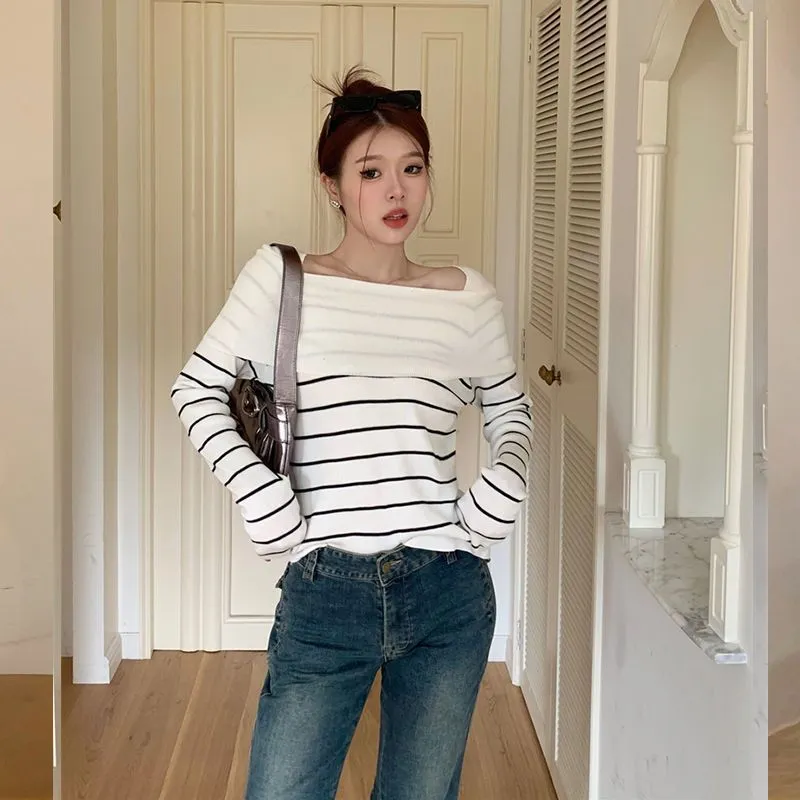 Purpdrank long sweater dress outfit Gentle Style off-Shoulder Long Sleeve Sweater Women's Autumn and Winter High Waist Slim Top Fashion