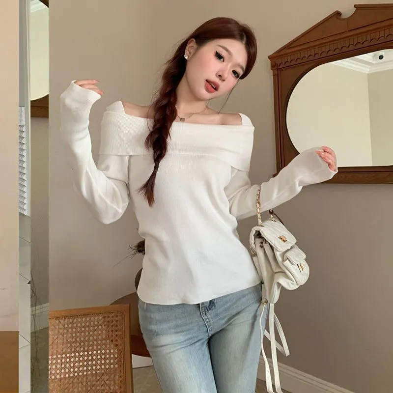 Purpdrank long sweater dress outfit Gentle Style off-Shoulder Long Sleeve Sweater Women's Autumn and Winter High Waist Slim Top Fashion