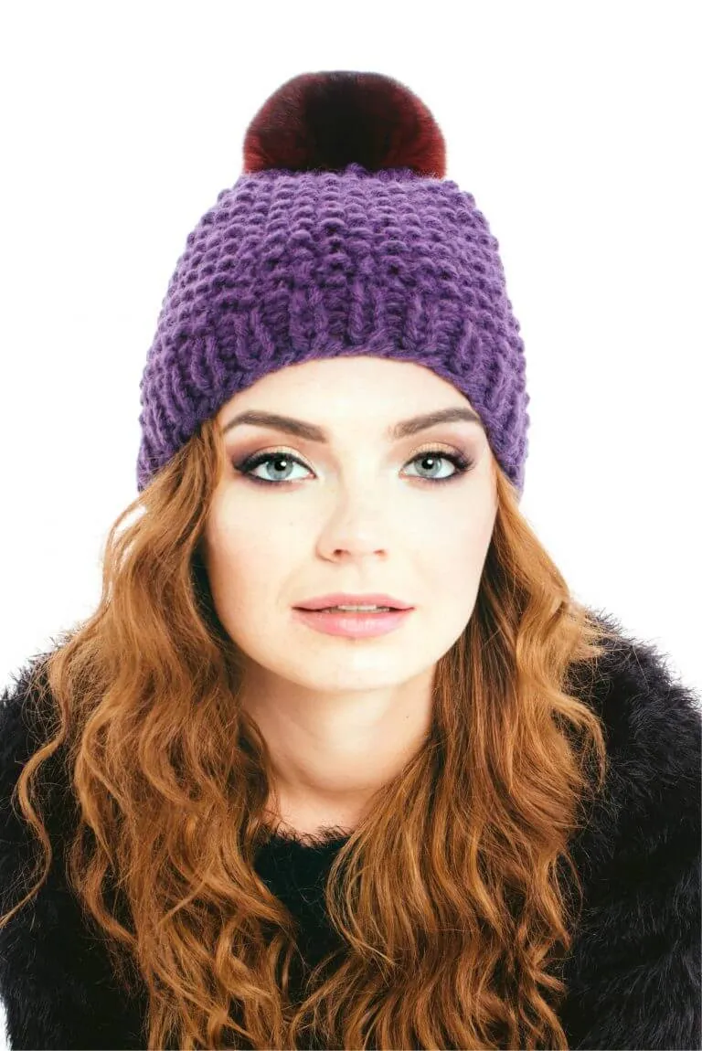 Purple Alpaca Wool Pom Pom Beanie