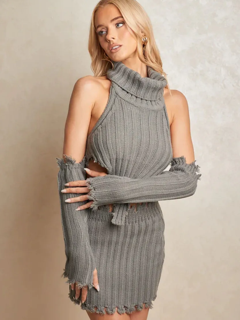 Raw Knit Two Piece in Grey