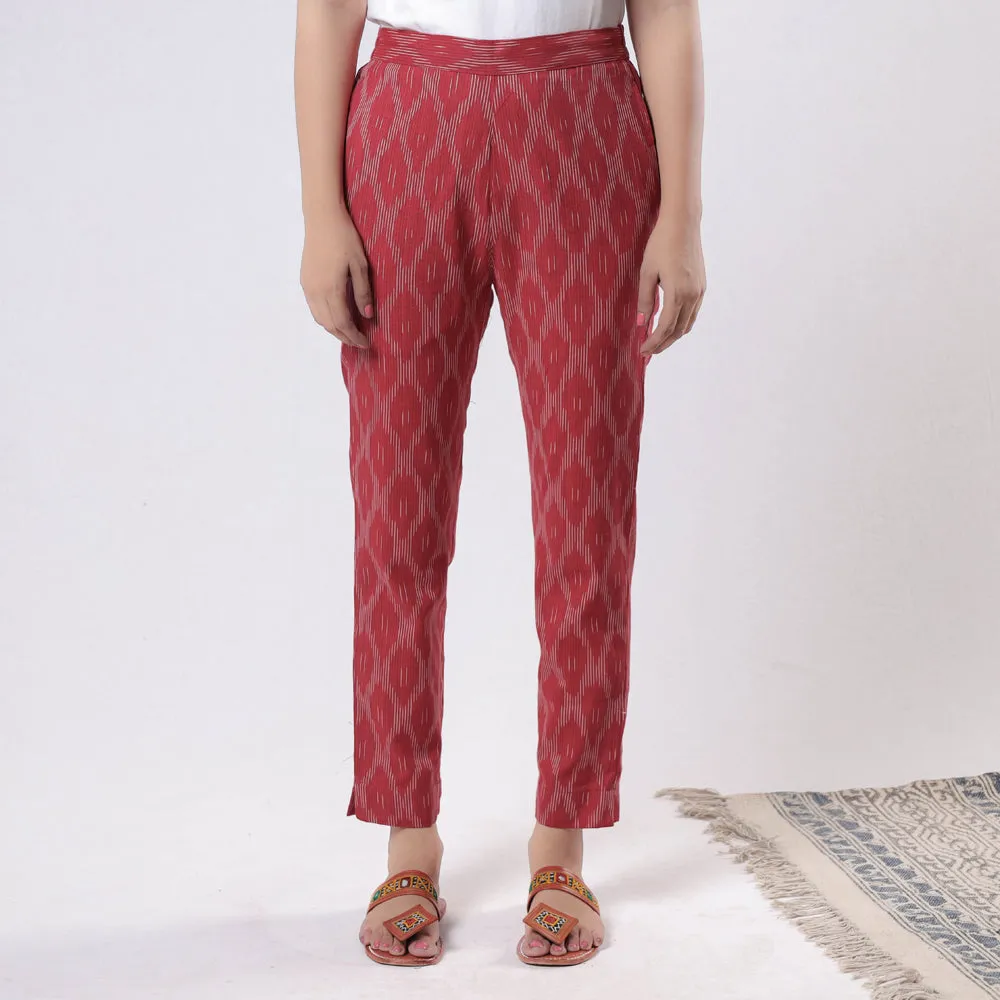 Red - Pochampally Ikat Cotton Tapered Casual Pant for Women