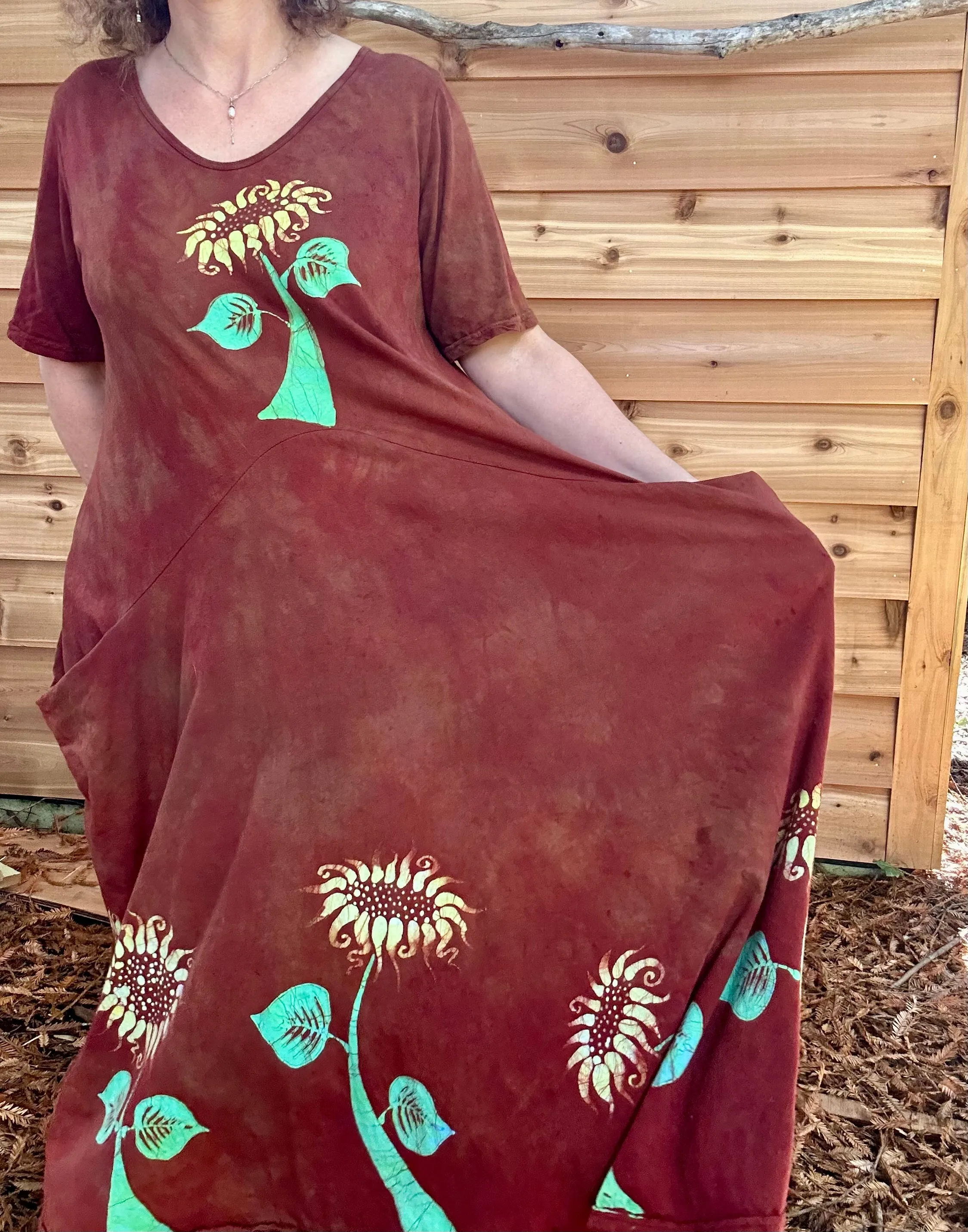 Red Sunflower Batik Dress With Pockets - Size Large