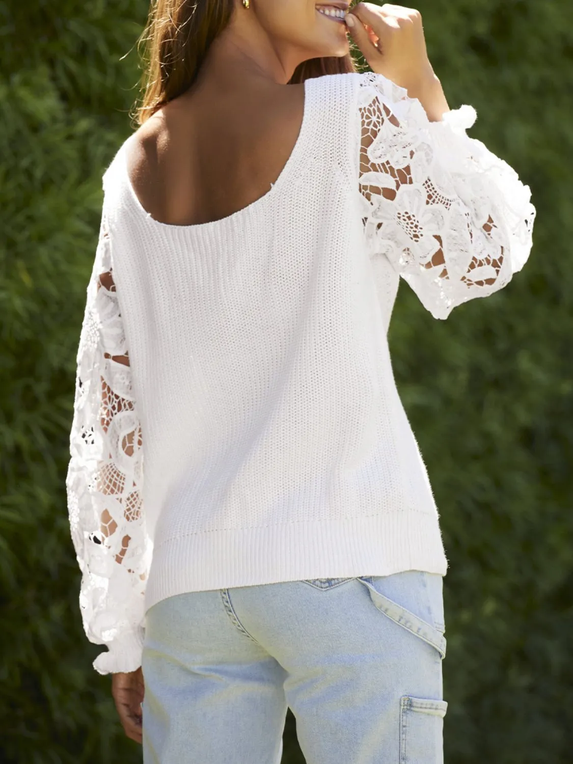 Ribbed Lace Trim Flounce Sleeve Knit Top