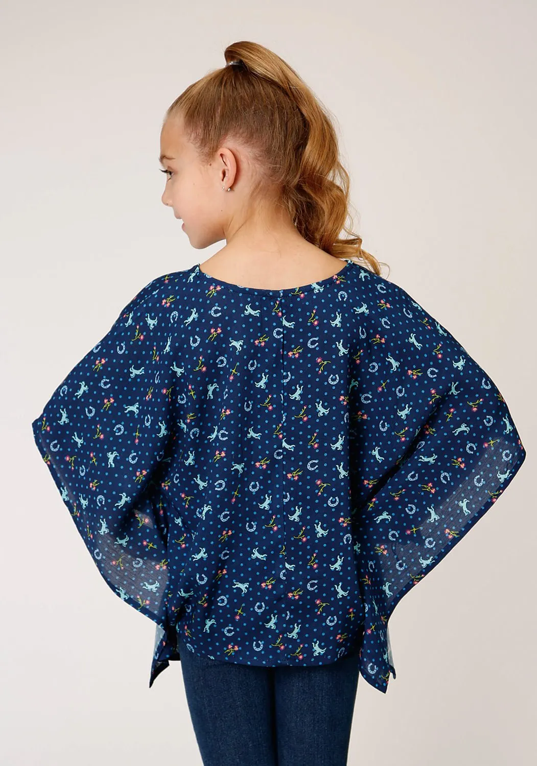 Roper Girls Blue Rayon/Nylon Horse Print V-Neck Poncho