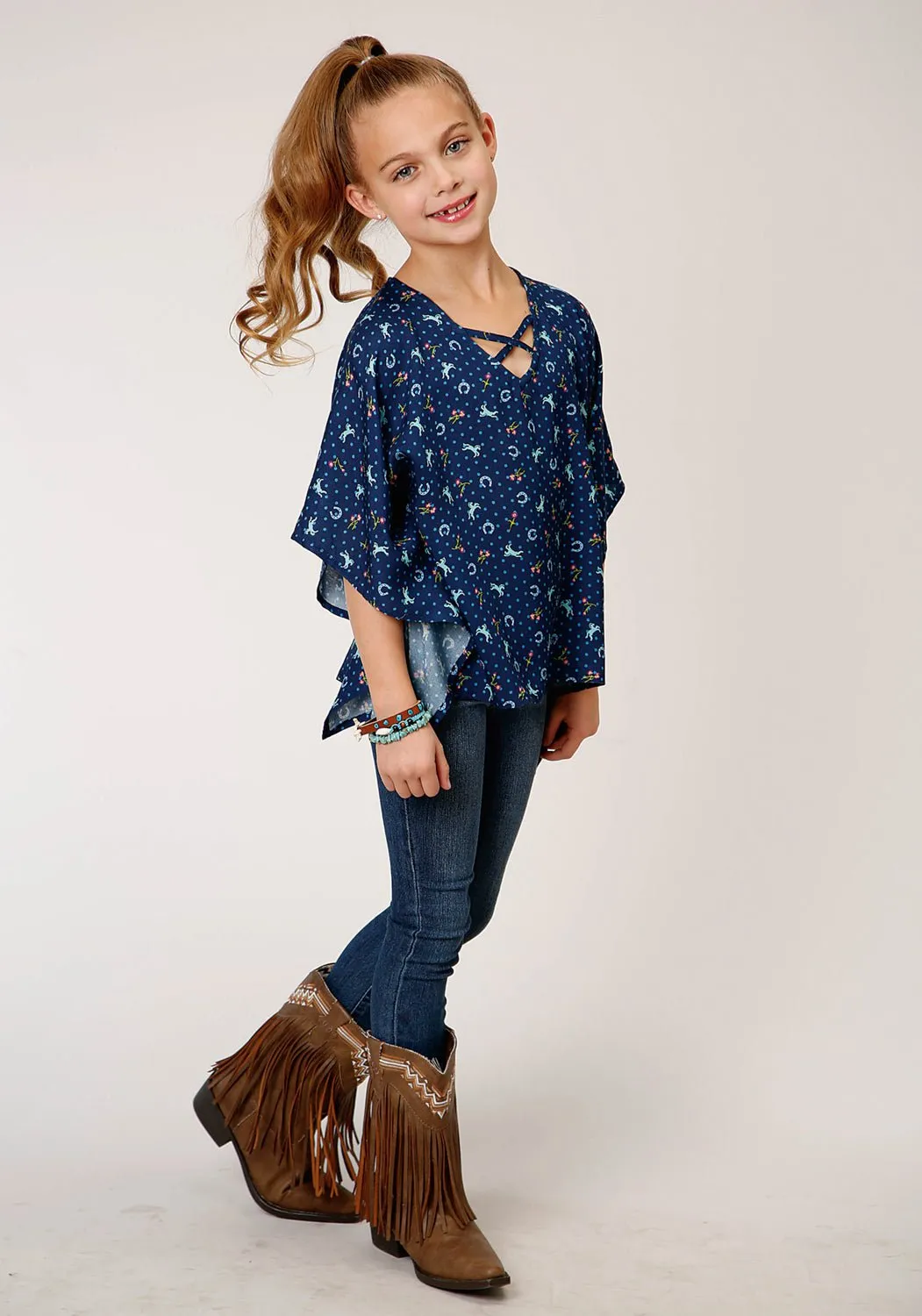 Roper Girls Blue Rayon/Nylon Horse Print V-Neck Poncho