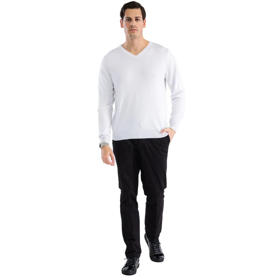 Sam Jacobi Men's Pullover White Knitted Sweater V-neck Stylish Knitwear Long Sleeve Casual Slim Fit