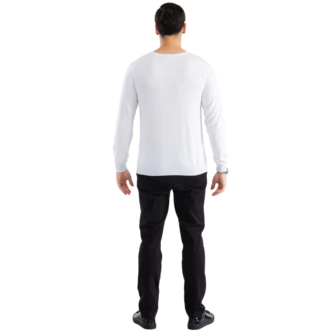 Sam Jacobi Men's Pullover White Knitted Sweater V-neck Stylish Knitwear Long Sleeve Casual Slim Fit